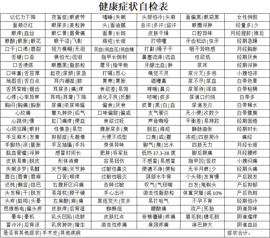 中医健康自检表 中医健康自检表